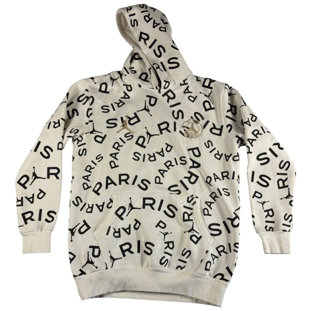 Jordan x PSG Hoodie Mens 2XL Cream Black Paris Saint-Germain All Over Logo Print